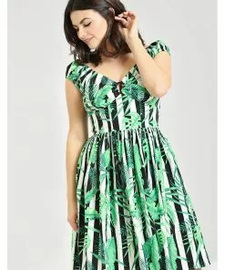 Hell Bunny Solana Leaves 50's Mid Swing Dress Black White