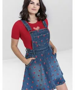 Hell Bunny Strawberry Denim 50's Pinafore Dress Blue New In