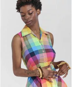 New In Hell Bunny Lucia Rainbow 50's Swing Dress Multi