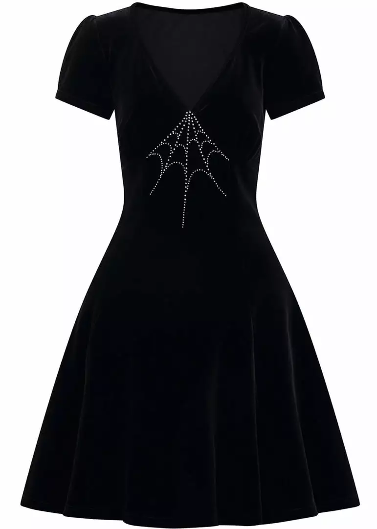 Hell Bunny Morticia Spiderweb Velvet 40's Dress Black 3 Hell Bunny Morticia Spiderweb Velvet 40's Dress Black