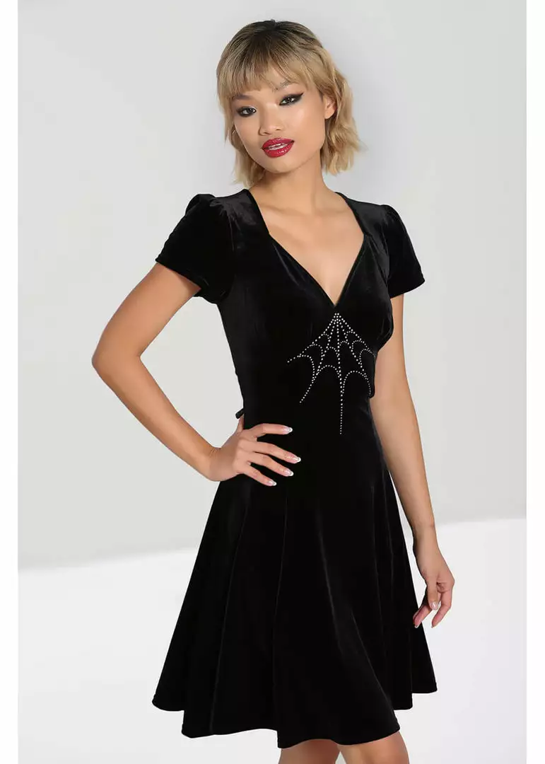 Hell Bunny Morticia Spiderweb Velvet 40's Dress Black 6 Hell Bunny Morticia Spiderweb Velvet 40's Dress Black