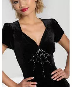 Hell Bunny Morticia Spiderweb Velvet 40's Dress Black 18 Hell Bunny Morticia Spiderweb Velvet 40's Dress Black