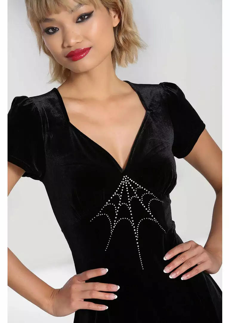 Hell Bunny Morticia Spiderweb Velvet 40's Dress Black 9 Hell Bunny Morticia Spiderweb Velvet 40's Dress Black