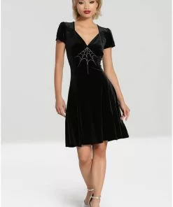Hell Bunny Morticia Spiderweb Velvet 40's Dress Black 16 Hell Bunny Morticia Spiderweb Velvet 40's Dress Black