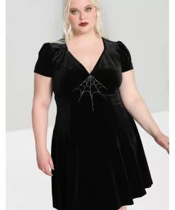 Hell Bunny Morticia Spiderweb Velvet 40's Dress Black