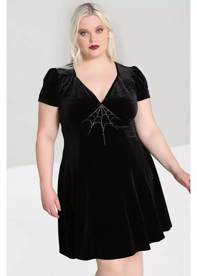 Hell Bunny Morticia Spiderweb Velvet 40's Dress Black 4 Hell Bunny Morticia Spiderweb Velvet 40's Dress Black