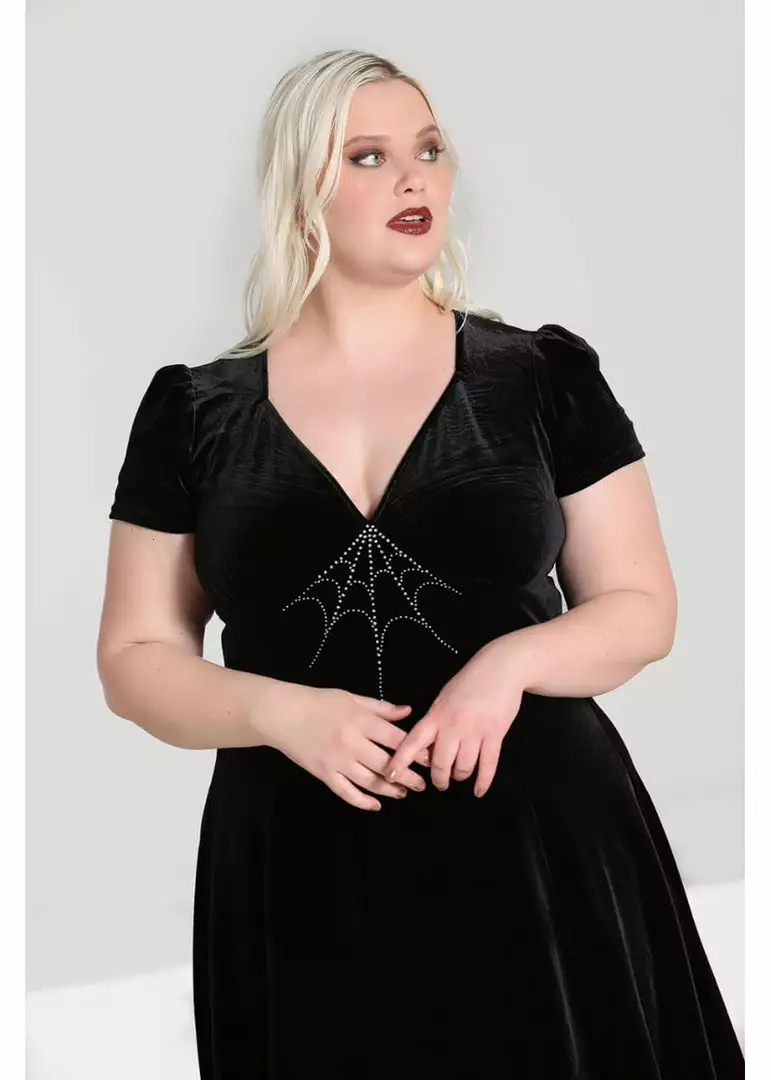 Hell Bunny Morticia Spiderweb Velvet 40's Dress Black 8 Hell Bunny Morticia Spiderweb Velvet 40's Dress Black