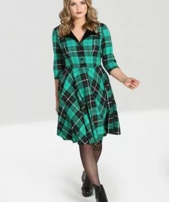New In Hell Bunny Beryl Tartan 50's Swing Mid Dress Green