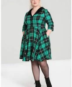 New In Hell Bunny Beryl Tartan 50's Swing Mid Dress Green