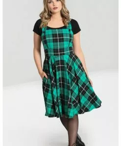 Hell Bunny Beryl Tartan 40's Pinafore Swing Dress Green