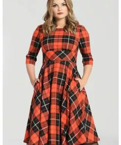 Hell Bunny Clementine Tartan 50's Swing Dress Orange New In