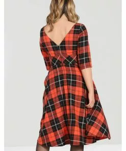 Hell Bunny Clementine Tartan 50's Swing Dress Orange New In