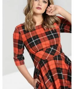 Hell Bunny Clementine Tartan 50's Swing Dress Orange New In