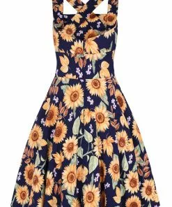 Hell Bunny Sunflower 40's Pinafore Swing Dress Blue New In 14 Hell Bunny Sunflower 40's Pinafore Swing Dress Blue New In