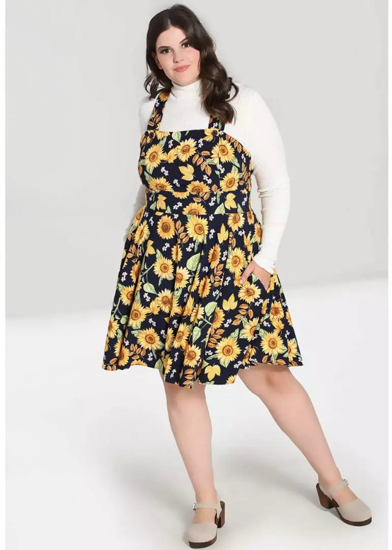 Hell Bunny Sunflower 40's Pinafore Swing Dress Blue New In 8 Hell Bunny Sunflower 40's Pinafore Swing Dress Blue New In