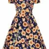 New In Hell Bunny Sunflower 40's Swing Dress Blue