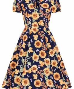 New In Hell Bunny Sunflower 40's Swing Dress Blue