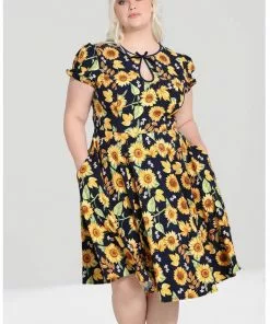 New In Hell Bunny Sunflower 40's Swing Dress Blue 14 New In Hell Bunny Sunflower 40's Swing Dress Blue