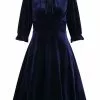 Hell Bunny Orion Velvet 40's Mid Dress Navy Blue