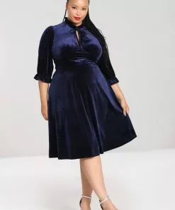 Hell Bunny Orion Velvet 40's Mid Dress Navy Blue