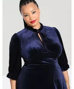 Hell Bunny Orion Velvet 40's Mid Dress Navy Blue 16 Hell Bunny Orion Velvet 40's Mid Dress Navy Blue