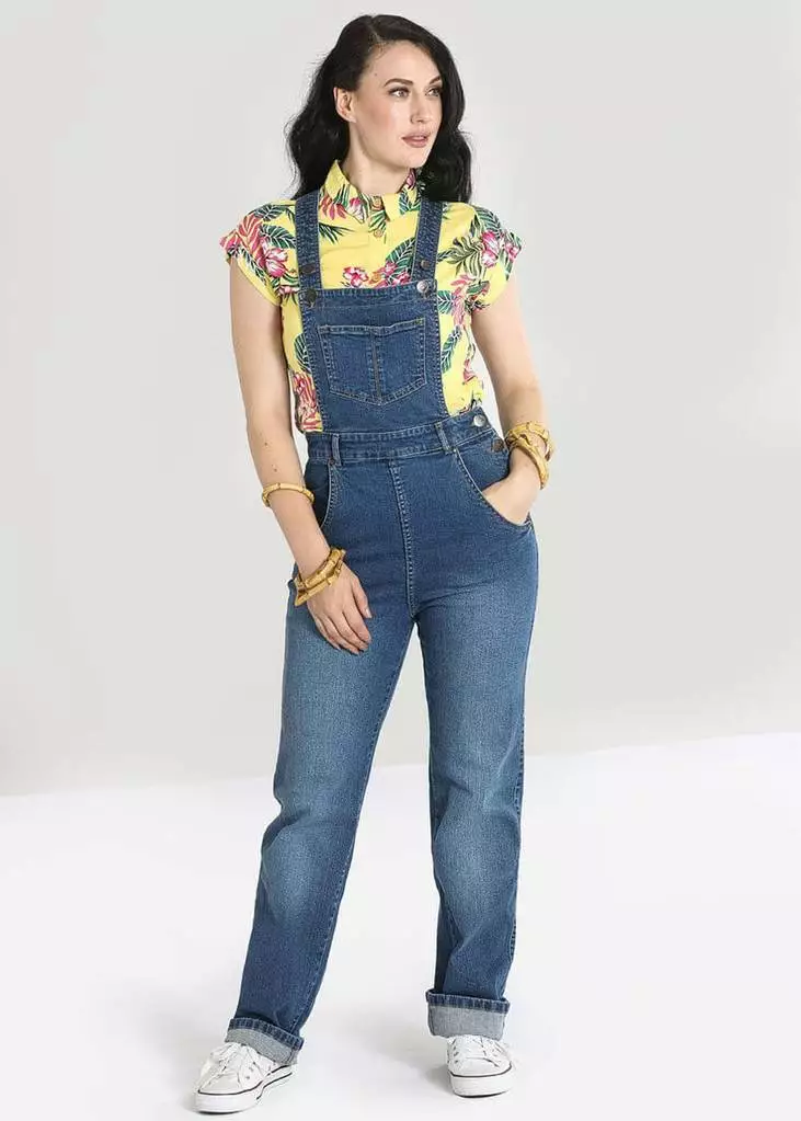 Hell Bunny Betty Bee 40's Denim Dungarees Blue 8 Hell Bunny Betty Bee 40's Denim Dungarees Blue