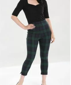 Hell Bunny Evelyn Tartan 40's Cigarette Trousers Green