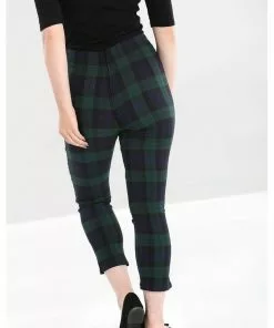 Hell Bunny Evelyn Tartan 40's Cigarette Trousers Green