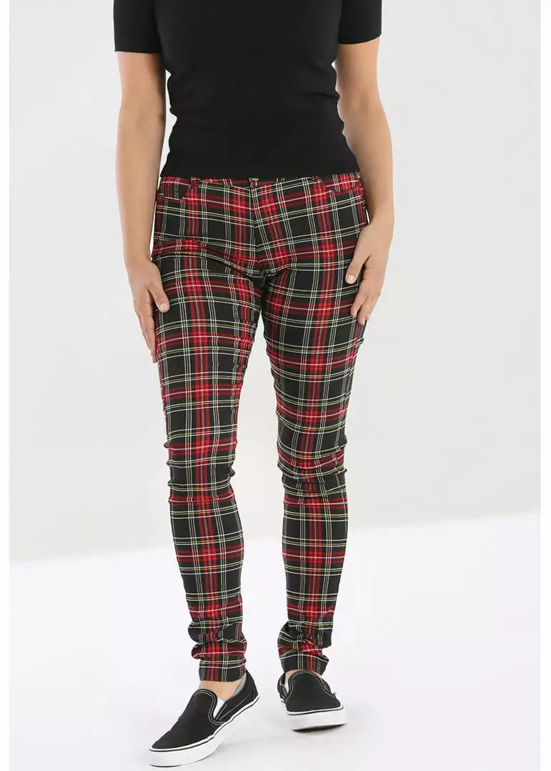 New In Hell Bunny Clash Tartan Skinny Trousers Red 3 New In Hell Bunny Clash Tartan Skinny Trousers Red