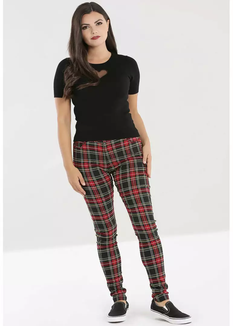 New In Hell Bunny Clash Tartan Skinny Trousers Red 4 New In Hell Bunny Clash Tartan Skinny Trousers Red