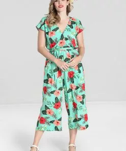 Hell Bunny Moana Hibiscus 70's Jumpsuit Mint Green New In