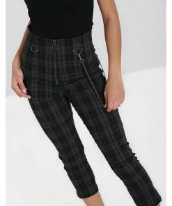 Hell Bunny Cobain Tartan Capri Trousers Black New In