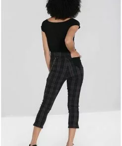 Hell Bunny Cobain Tartan Capri Trousers Black New In