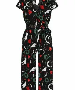 New In Hell Bunny Good Fortune Snake 70's Jumpsuit Black