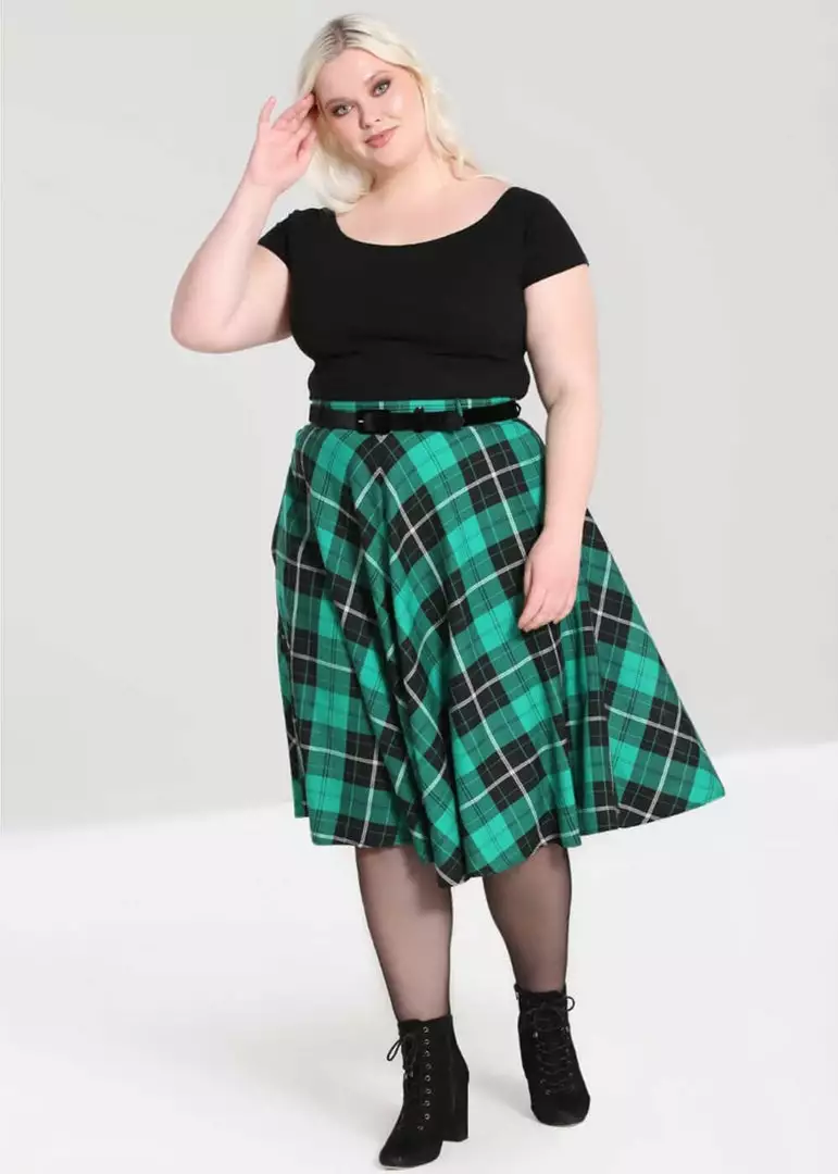 New In Hell Bunny Beryl Tartan 50's Swing Skirt Green 10 New In Hell Bunny Beryl Tartan 50's Swing Skirt Green