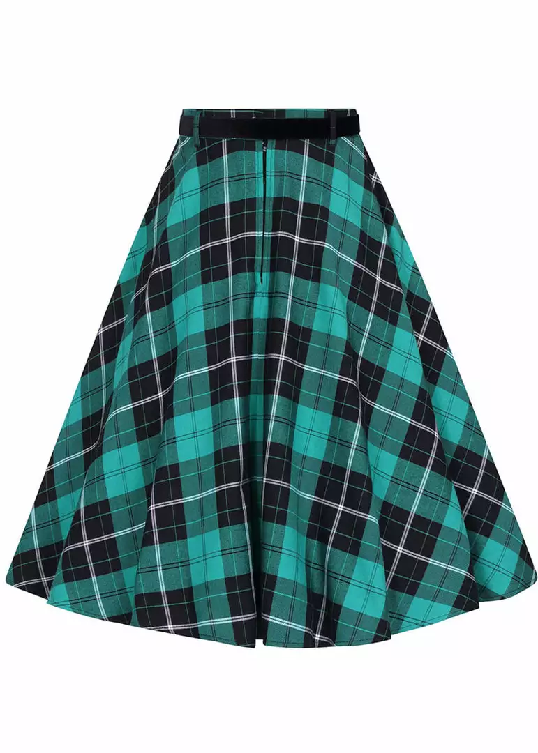 New In Hell Bunny Beryl Tartan 50's Swing Skirt Green 6 New In Hell Bunny Beryl Tartan 50's Swing Skirt Green