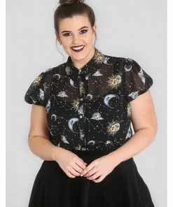 Hell Bunny Solaris Sun & Moon 70's Blouse Black New In 12 Hell Bunny Solaris Sun & Moon 70's Blouse Black New In