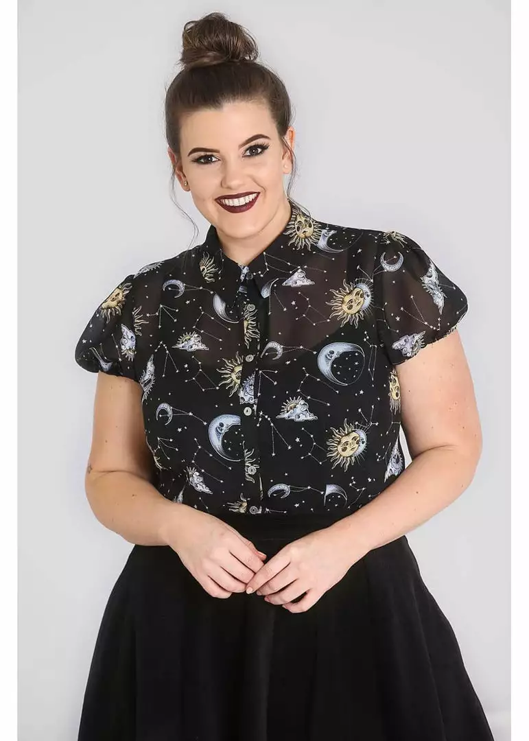 Hell Bunny Solaris Sun & Moon 70's Blouse Black New In 5 Hell Bunny Solaris Sun & Moon 70's Blouse Black New In