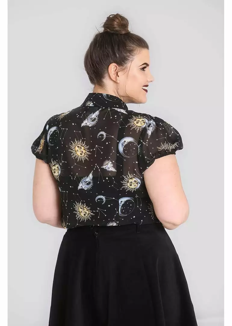 Hell Bunny Solaris Sun & Moon 70's Blouse Black New In 7 Hell Bunny Solaris Sun & Moon 70's Blouse Black New In