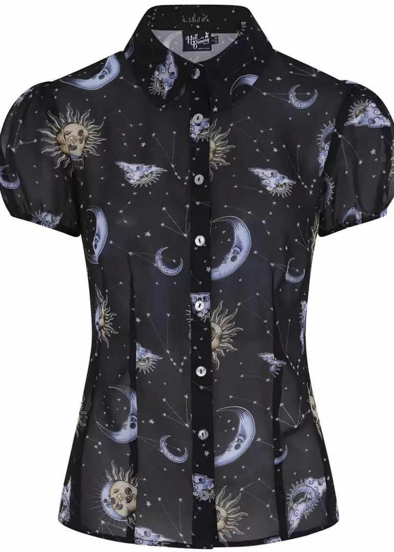 Hell Bunny Solaris Sun & Moon 70's Blouse Black New In 3 Hell Bunny Solaris Sun & Moon 70's Blouse Black New In
