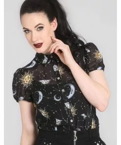 Hell Bunny Solaris Sun & Moon 70's Blouse Black New In 15 Hell Bunny Solaris Sun & Moon 70's Blouse Black New In