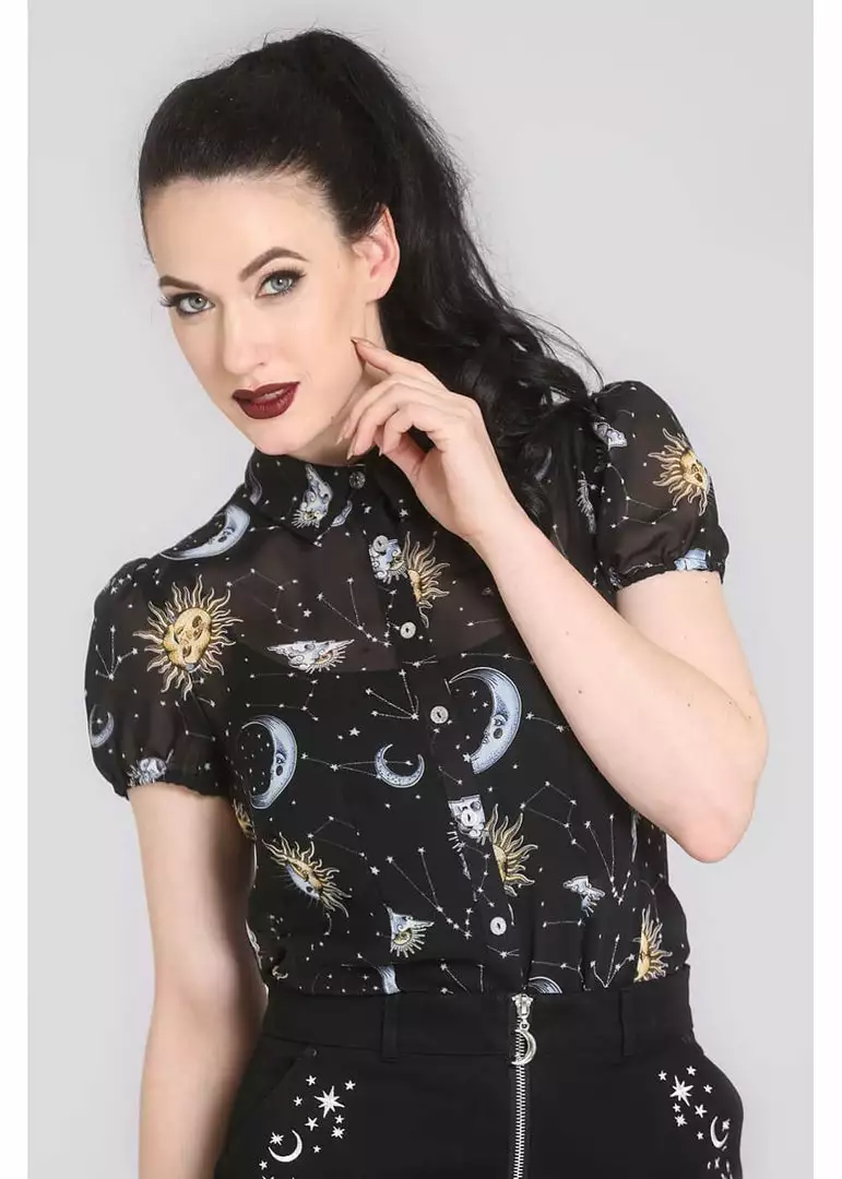 Hell Bunny Solaris Sun & Moon 70's Blouse Black New In 8 Hell Bunny Solaris Sun & Moon 70's Blouse Black New In