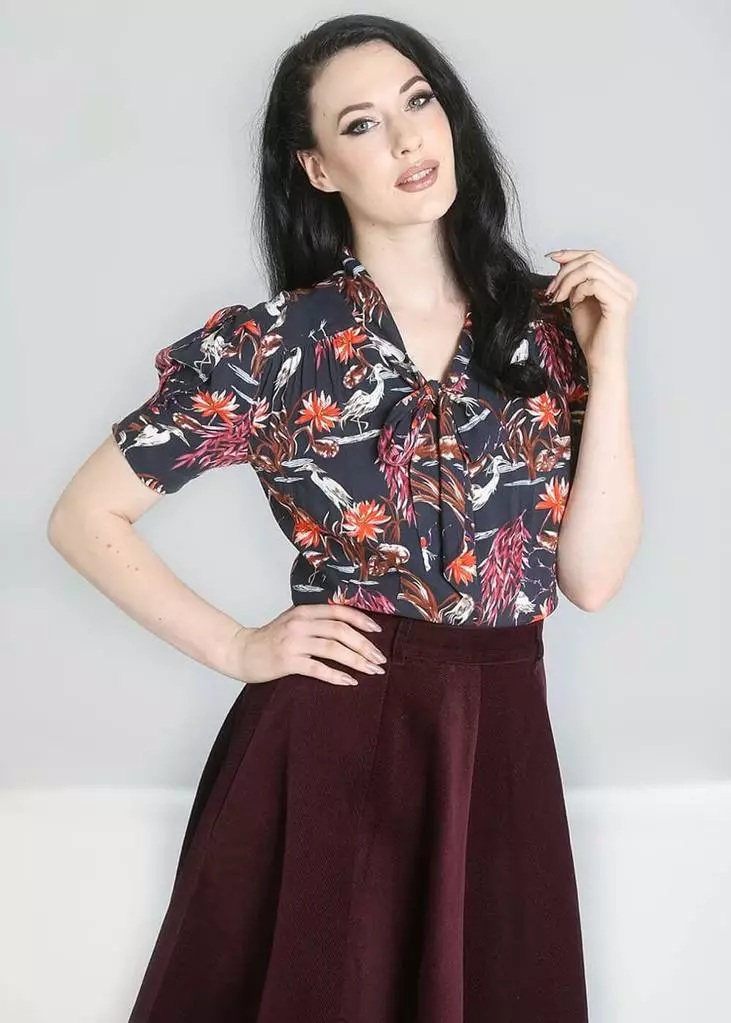 New In Hell Bunny Heron Birds 40's Blouse Black 5 New In Hell Bunny Heron Birds 40's Blouse Black