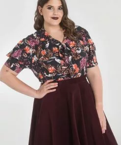 New In Hell Bunny Heron Birds 40's Blouse Black 12 New In Hell Bunny Heron Birds 40's Blouse Black