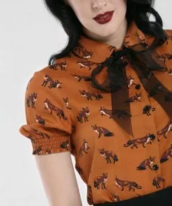 New In Hell Bunny Vixey Fox 40's Blouse Brown