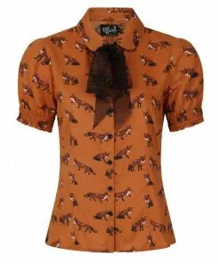 New In Hell Bunny Vixey Fox 40's Blouse Brown 10 New In Hell Bunny Vixey Fox 40's Blouse Brown