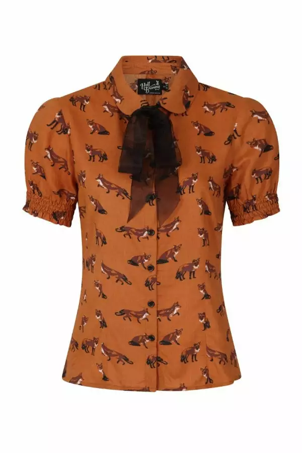 New In Hell Bunny Vixey Fox 40's Blouse Brown 6 New In Hell Bunny Vixey Fox 40's Blouse Brown