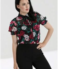 Hell Bunny Bed Of Roses 40's Blouse Black