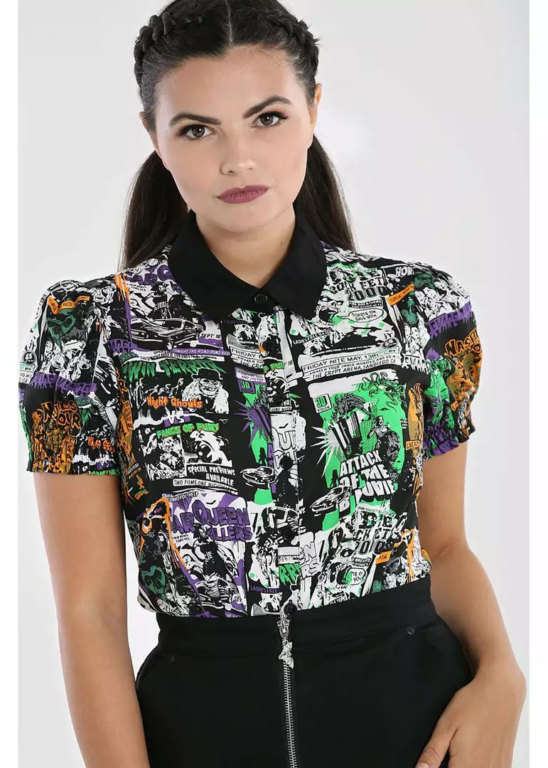 Hell Bunny Be Afraid 50's Halloween Blouse Multi New In 6 Hell Bunny Be Afraid 50's Halloween Blouse Multi New In