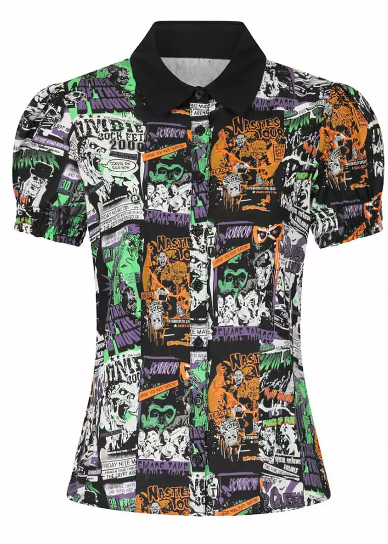 Hell Bunny Be Afraid 50's Halloween Blouse Multi New In 3 Hell Bunny Be Afraid 50's Halloween Blouse Multi New In